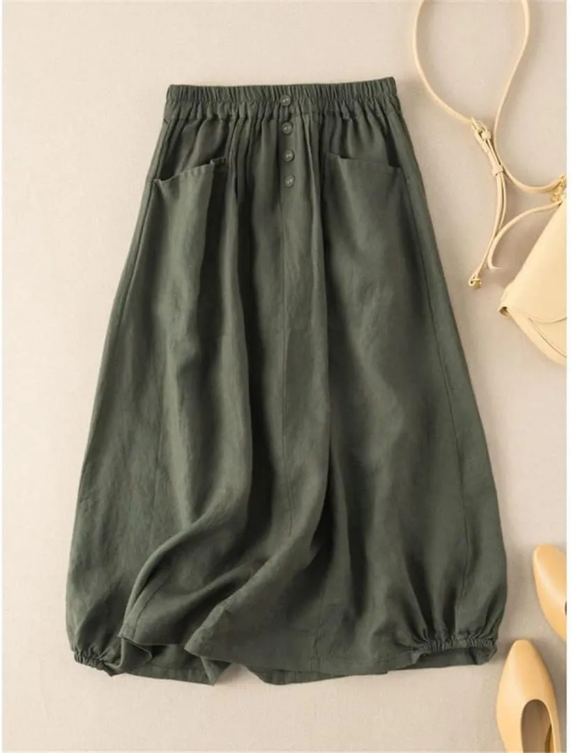 Skirts Women's Summer Solid Color Retro Skirts Literary Temperament High-Waisted Thin Midi Skirt