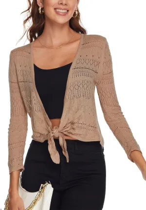Spicy Sandia Women's Tie Front Sheer Shrug 3/4 Sleeve Crochet Cropped Cardigan Sweater for Summer Lightweight