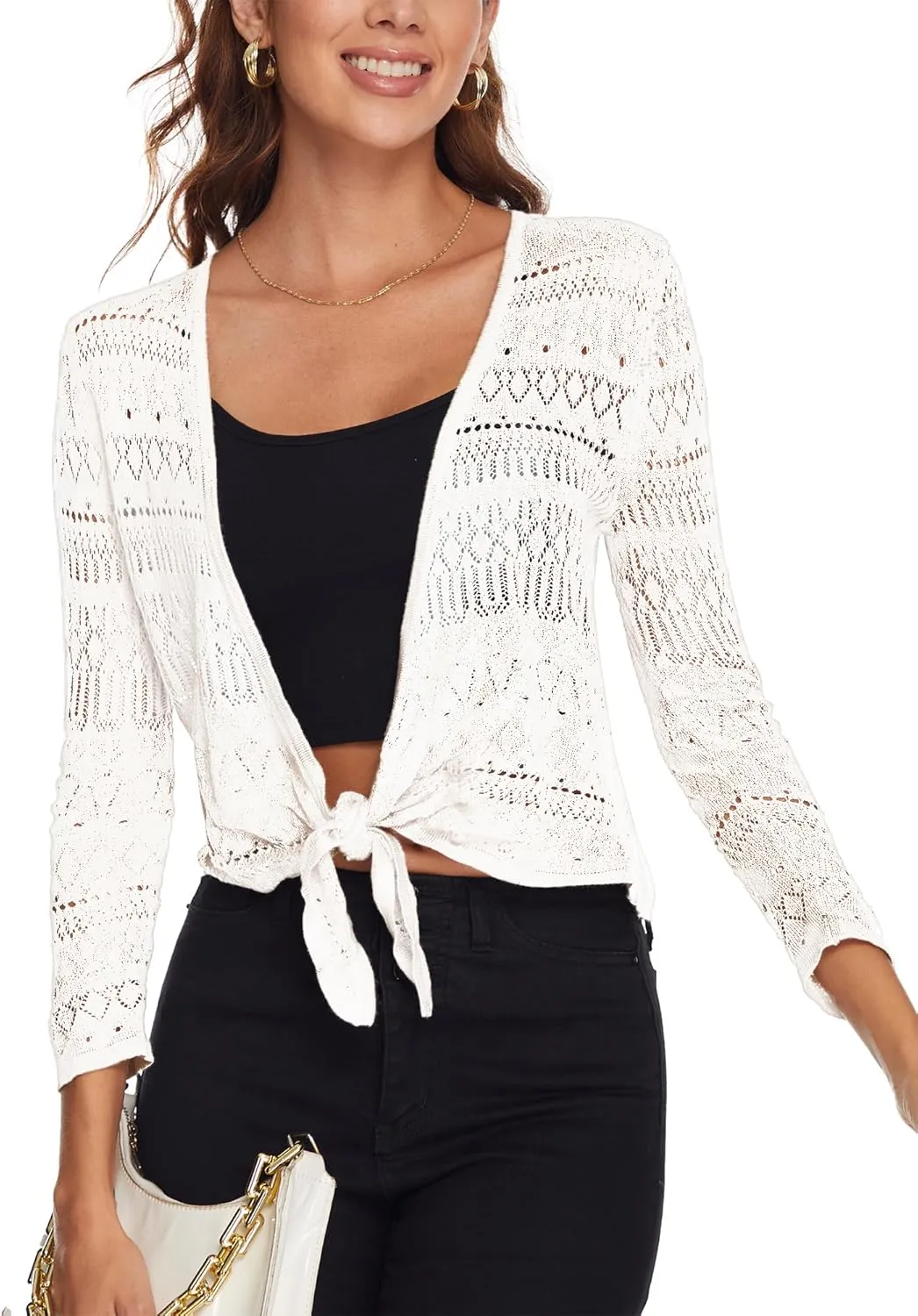 Spicy Sandia Women's Tie Front Sheer Shrug 3/4 Sleeve Crochet Cropped Cardigan Sweater for Summer Lightweight