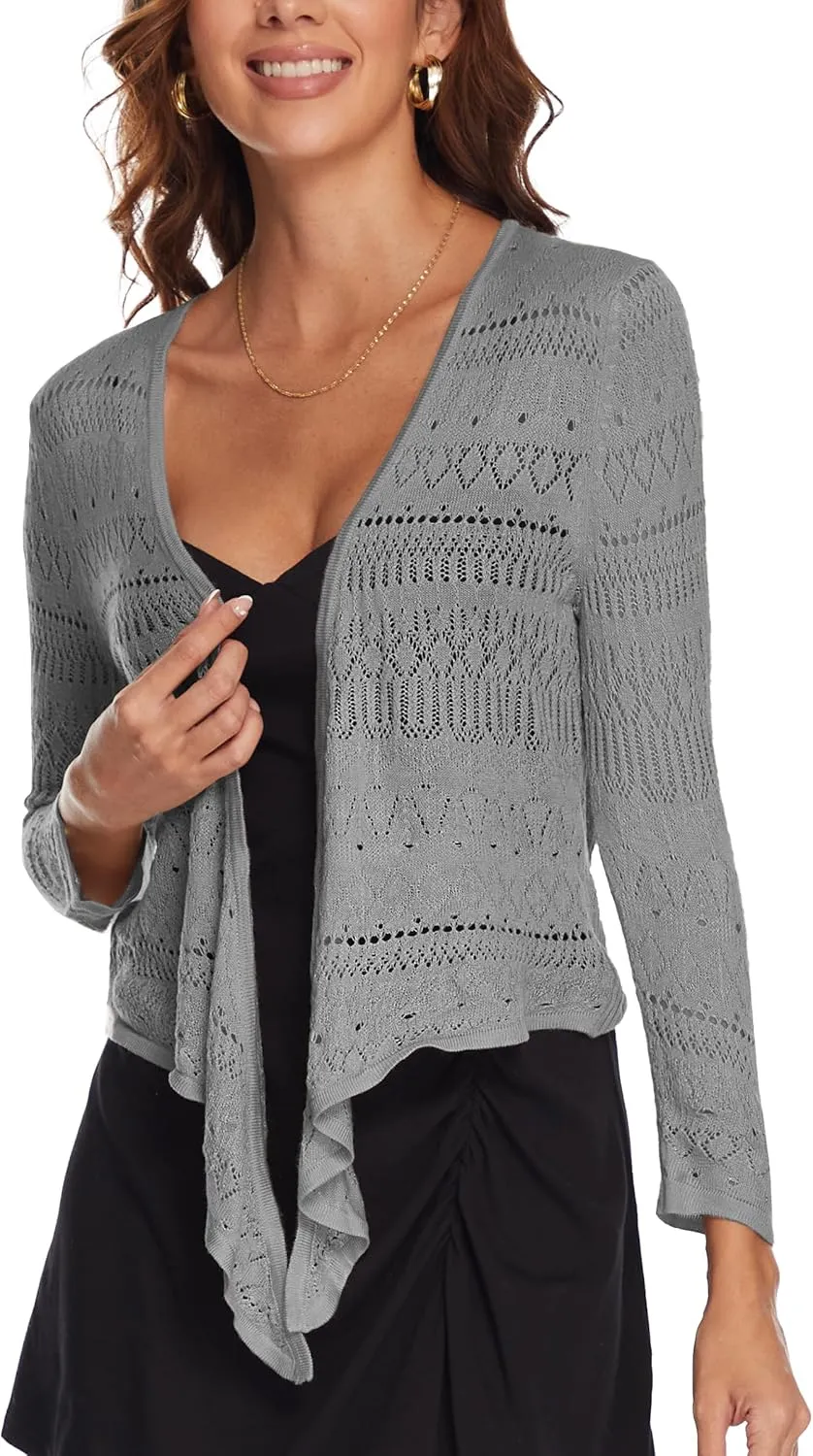 Spicy Sandia Women's Tie Front Sheer Shrug 3/4 Sleeve Crochet Cropped Cardigan Sweater for Summer Lightweight