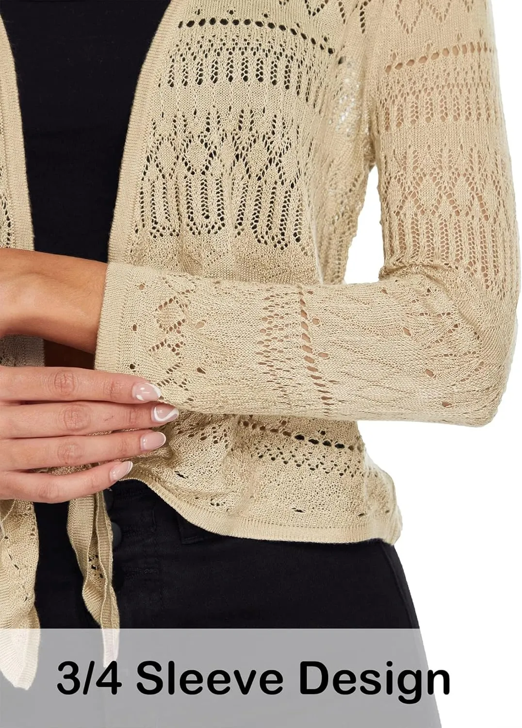 Spicy Sandia Women's Tie Front Sheer Shrug 3/4 Sleeve Crochet Cropped Cardigan Sweater for Summer Lightweight