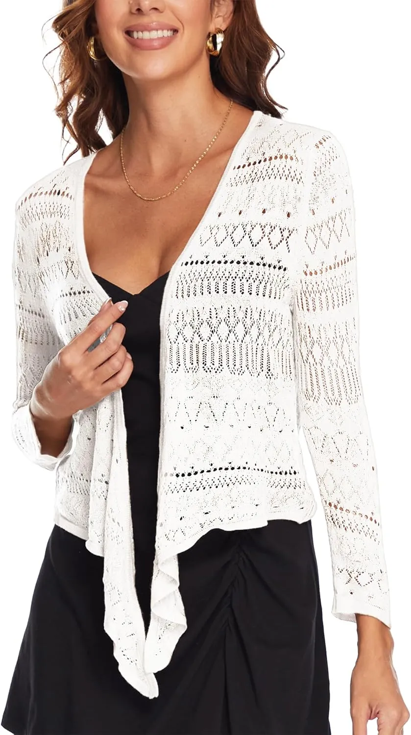 Spicy Sandia Women's Tie Front Sheer Shrug 3/4 Sleeve Crochet Cropped Cardigan Sweater for Summer Lightweight