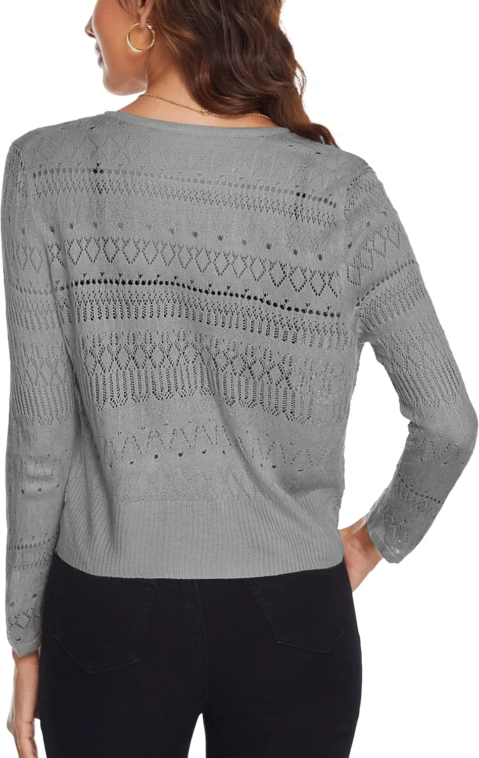 Spicy Sandia Women's Tie Front Sheer Shrug 3/4 Sleeve Crochet Cropped Cardigan Sweater for Summer Lightweight