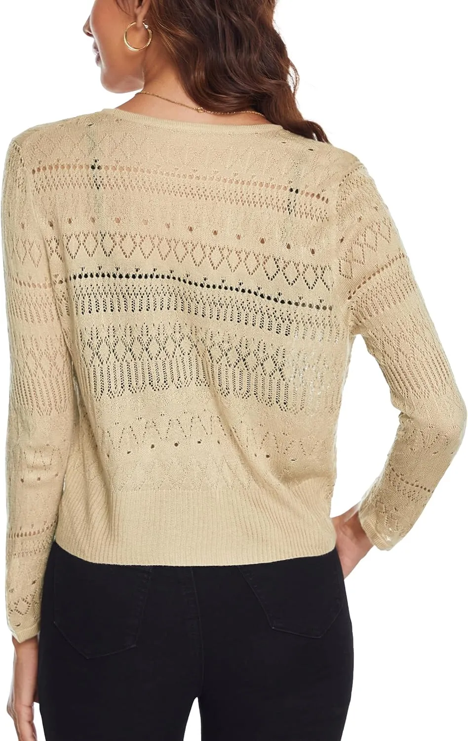 Spicy Sandia Women's Tie Front Sheer Shrug 3/4 Sleeve Crochet Cropped Cardigan Sweater for Summer Lightweight