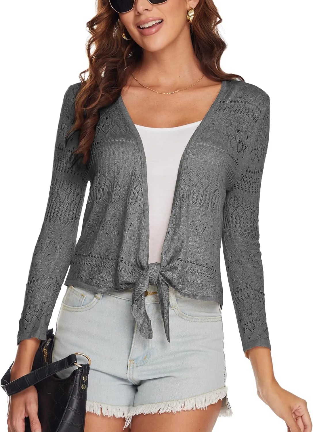 Spicy Sandia Women's Tie Front Sheer Shrug 3/4 Sleeve Crochet Cropped Cardigan Sweater for Summer Lightweight
