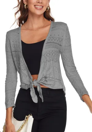 Spicy Sandia Women's Tie Front Sheer Shrug 3/4 Sleeve Crochet Cropped Cardigan Sweater for Summer Lightweight