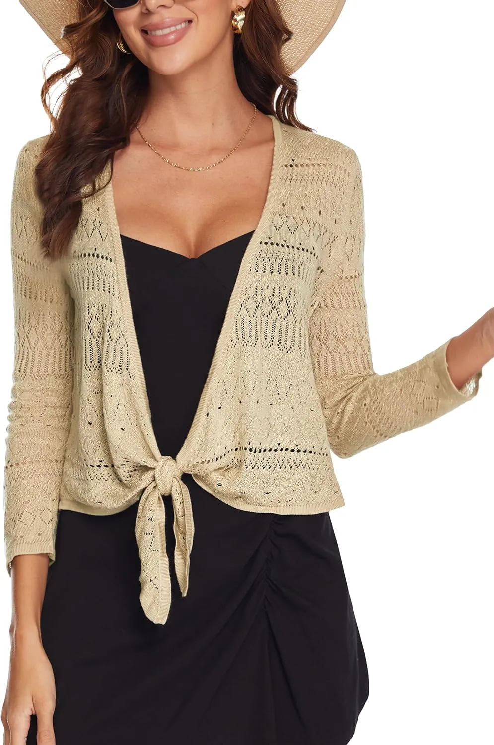 Spicy Sandia Women's Tie Front Sheer Shrug 3/4 Sleeve Crochet Cropped Cardigan Sweater for Summer Lightweight