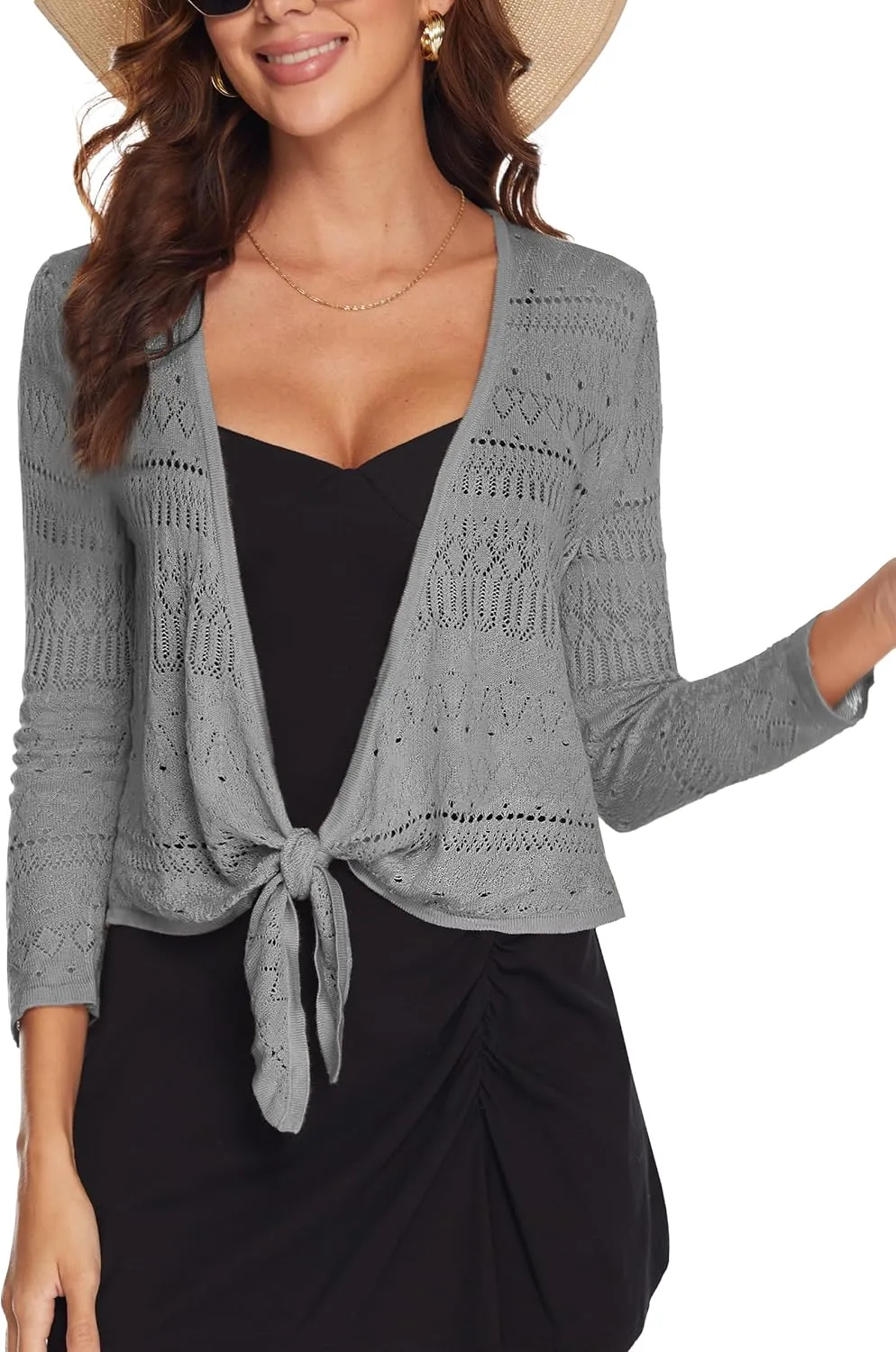 Spicy Sandia Women's Tie Front Sheer Shrug 3/4 Sleeve Crochet Cropped Cardigan Sweater for Summer Lightweight