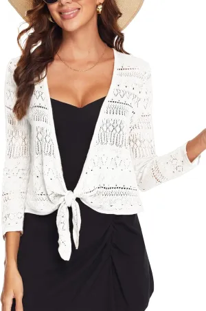 Spicy Sandia Women's Tie Front Sheer Shrug 3/4 Sleeve Crochet Cropped Cardigan Sweater for Summer Lightweight