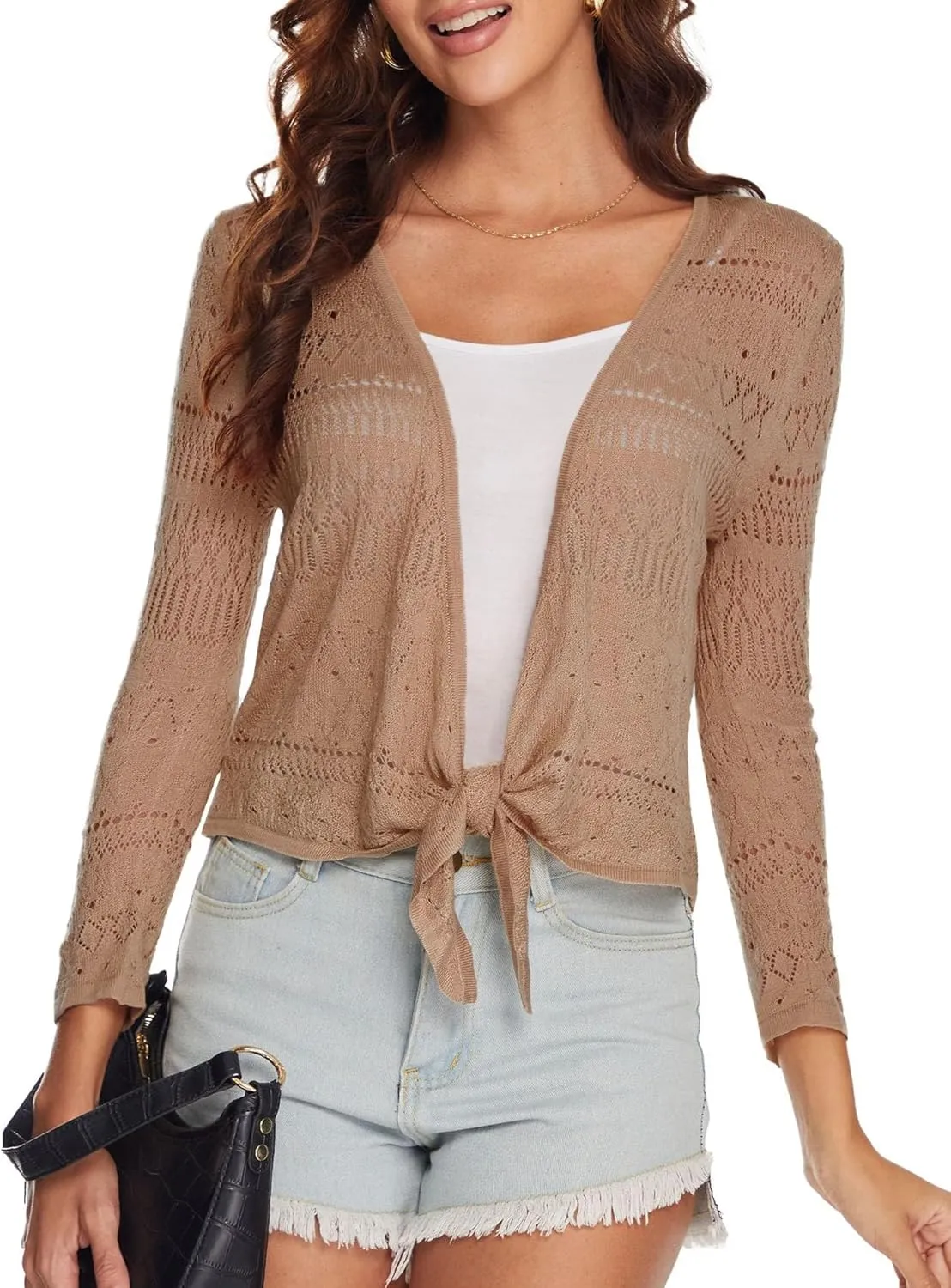 Spicy Sandia Women's Tie Front Sheer Shrug 3/4 Sleeve Crochet Cropped Cardigan Sweater for Summer Lightweight
