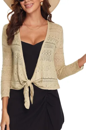 Spicy Sandia Women's Tie Front Sheer Shrug 3/4 Sleeve Crochet Cropped Cardigan Sweater for Summer Lightweight