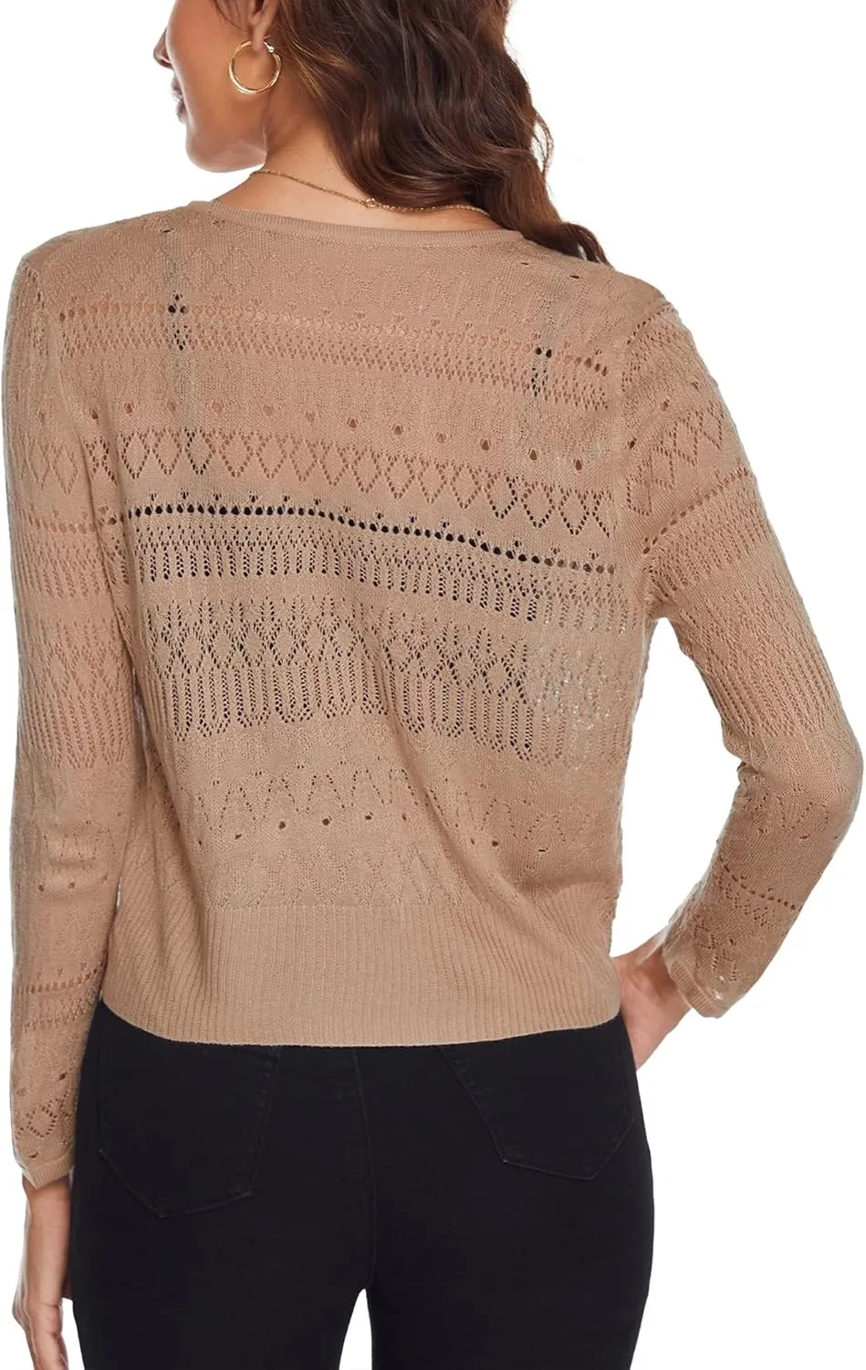 Spicy Sandia Women's Tie Front Sheer Shrug 3/4 Sleeve Crochet Cropped Cardigan Sweater for Summer Lightweight