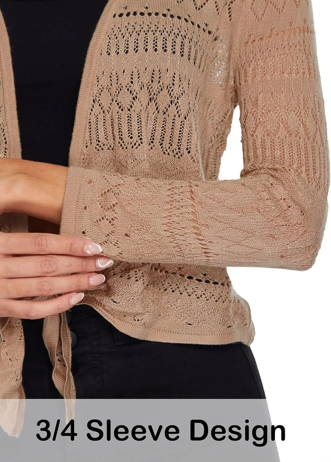 Spicy Sandia Women's Tie Front Sheer Shrug 3/4 Sleeve Crochet Cropped Cardigan Sweater for Summer Lightweight