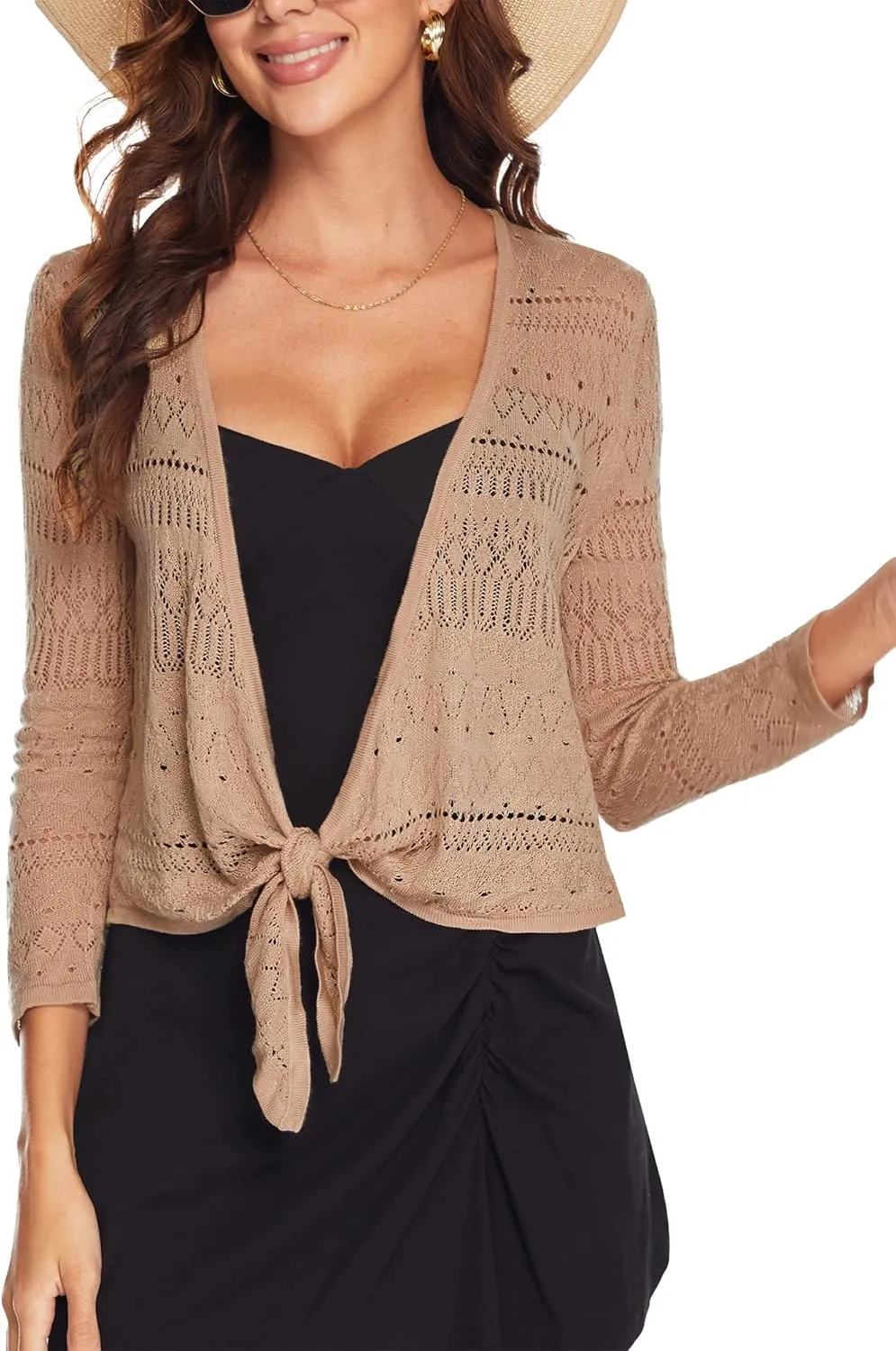 Spicy Sandia Women's Tie Front Sheer Shrug 3/4 Sleeve Crochet Cropped Cardigan Sweater for Summer Lightweight