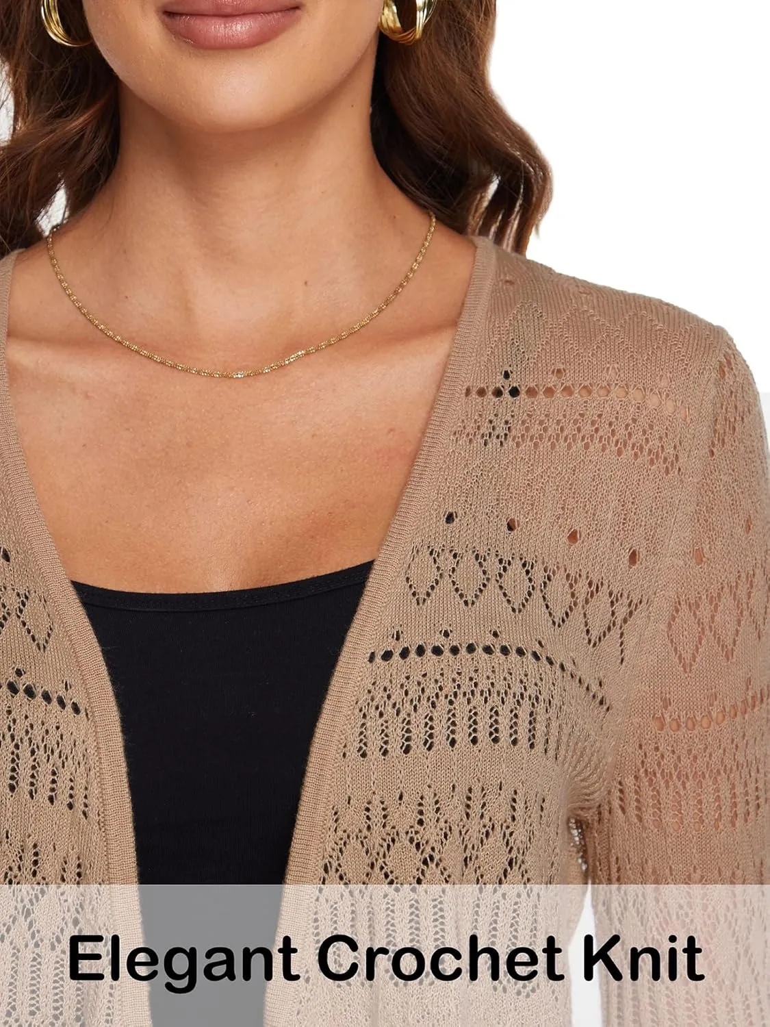 Spicy Sandia Women's Tie Front Sheer Shrug 3/4 Sleeve Crochet Cropped Cardigan Sweater for Summer Lightweight