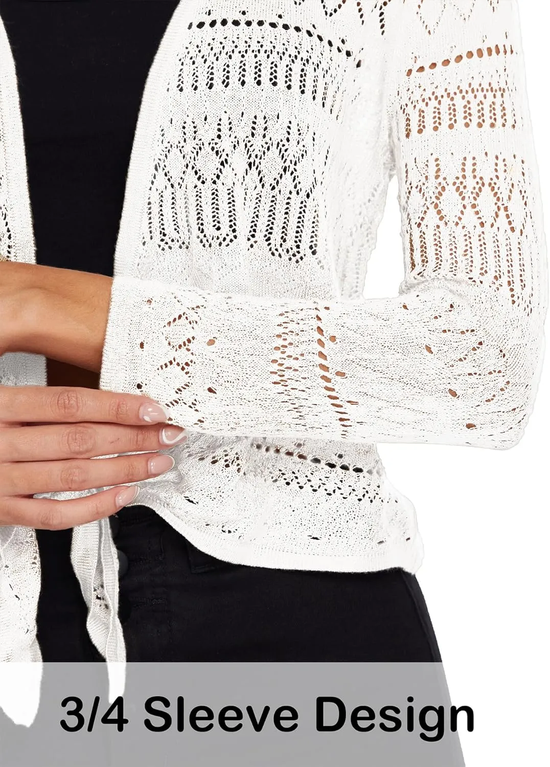 Spicy Sandia Women's Tie Front Sheer Shrug 3/4 Sleeve Crochet Cropped Cardigan Sweater for Summer Lightweight