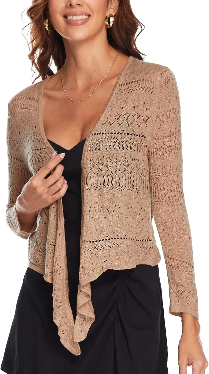 Spicy Sandia Women's Tie Front Sheer Shrug 3/4 Sleeve Crochet Cropped Cardigan Sweater for Summer Lightweight