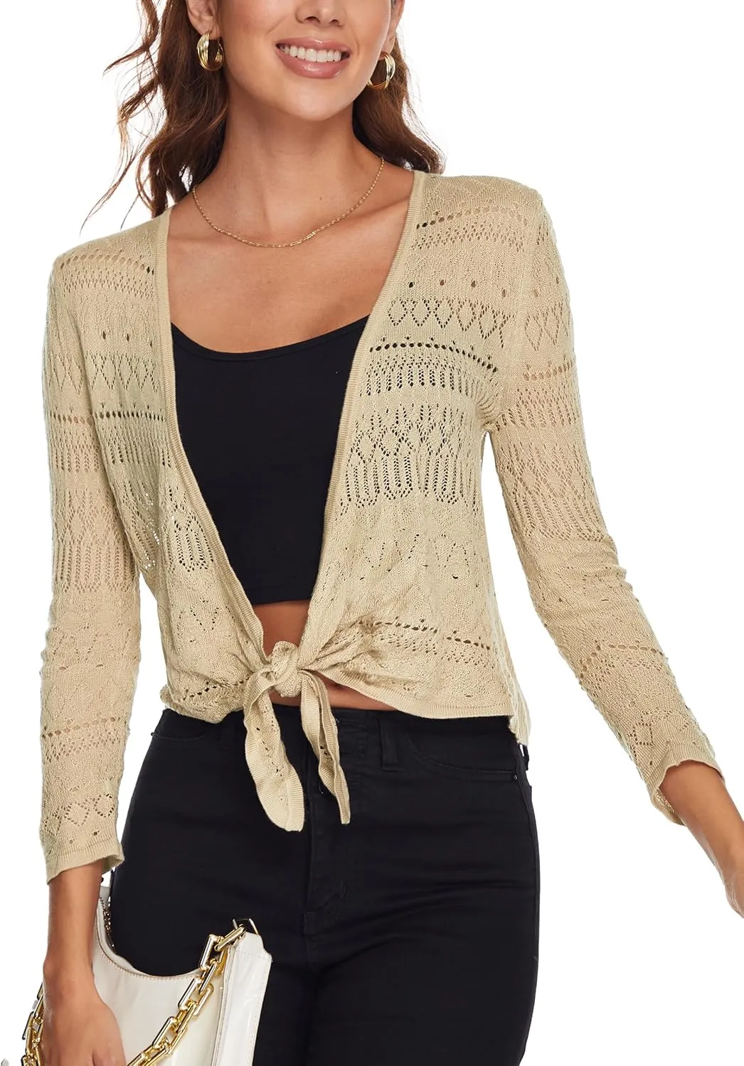 Spicy Sandia Women's Tie Front Sheer Shrug 3/4 Sleeve Crochet Cropped Cardigan Sweater for Summer Lightweight