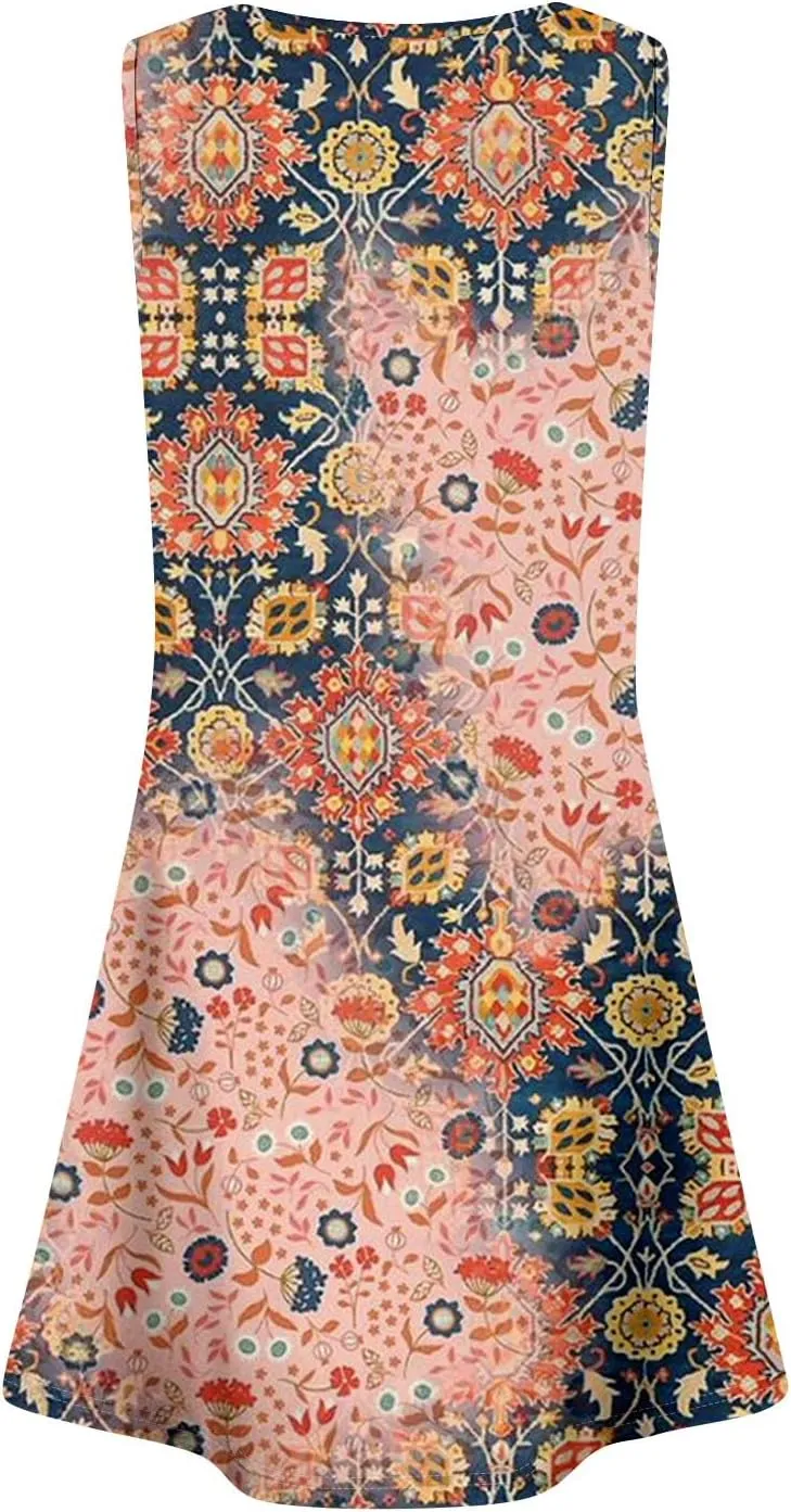 Sundresses for Women Short Sleeveless Summer Beach Hawaiian Dresses Square Neck Floral Boho Mini Dress with Pockets