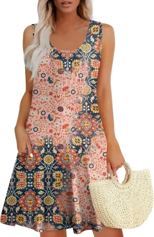 Sundresses for Women Short Sleeveless Summer Beach Hawaiian Dresses Square Neck Floral Boho Mini Dress with Pockets