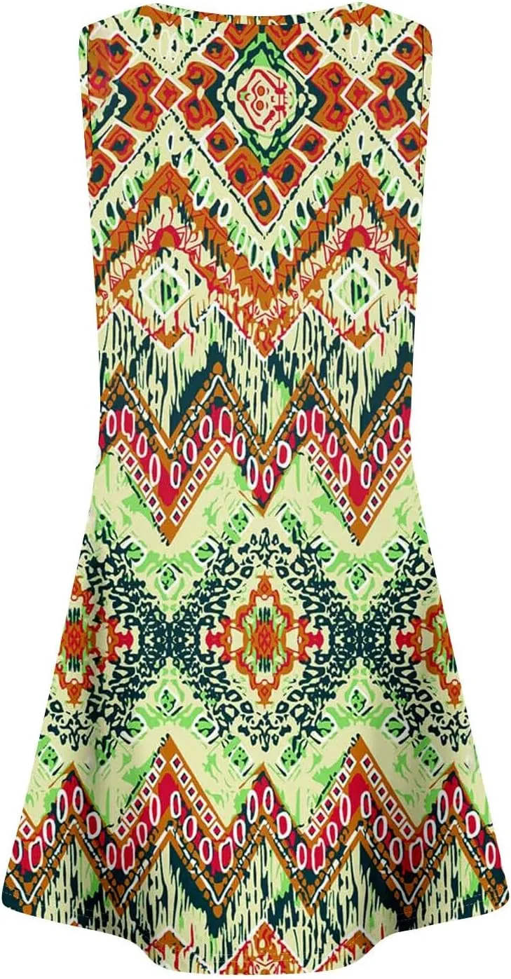 Sundresses for Women Short Sleeveless Summer Beach Hawaiian Dresses Square Neck Floral Boho Mini Dress with Pockets