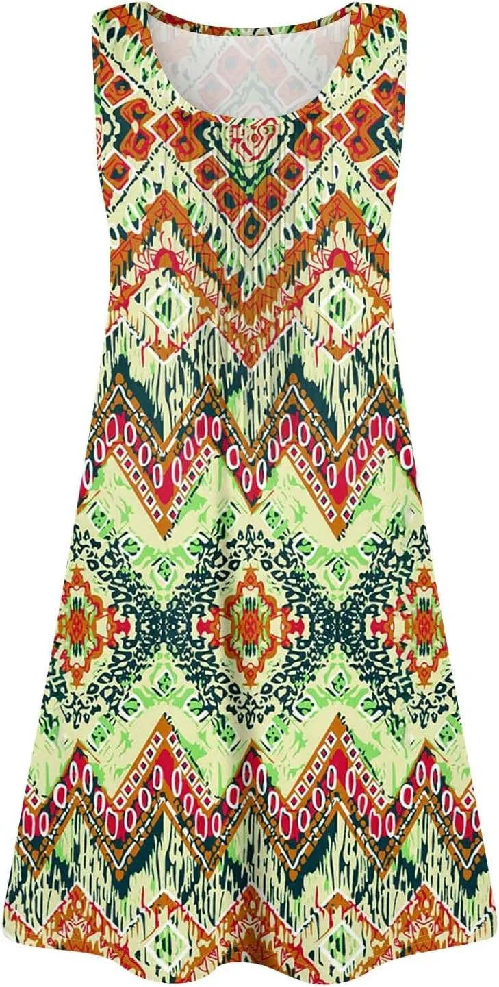 Sundresses for Women Short Sleeveless Summer Beach Hawaiian Dresses Square Neck Floral Boho Mini Dress with Pockets