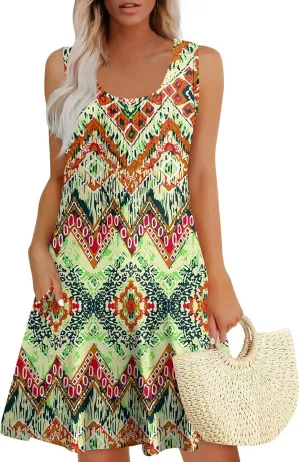 Sundresses for Women Short Sleeveless Summer Beach Hawaiian Dresses Square Neck Floral Boho Mini Dress with Pockets