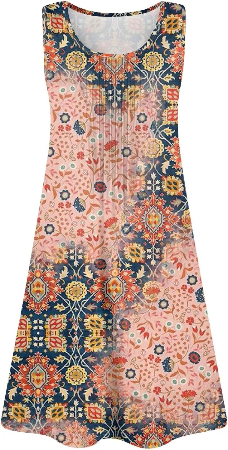 Sundresses for Women Short Sleeveless Summer Beach Hawaiian Dresses Square Neck Floral Boho Mini Dress with Pockets
