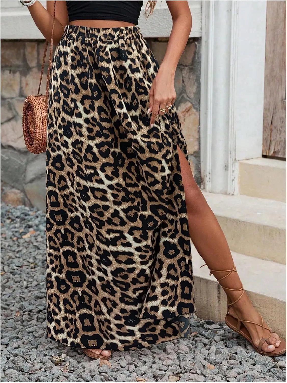 SweatyRocks Women's Boho Leopard Print Split Long Skirt High Waist A Line Skirts with Slit