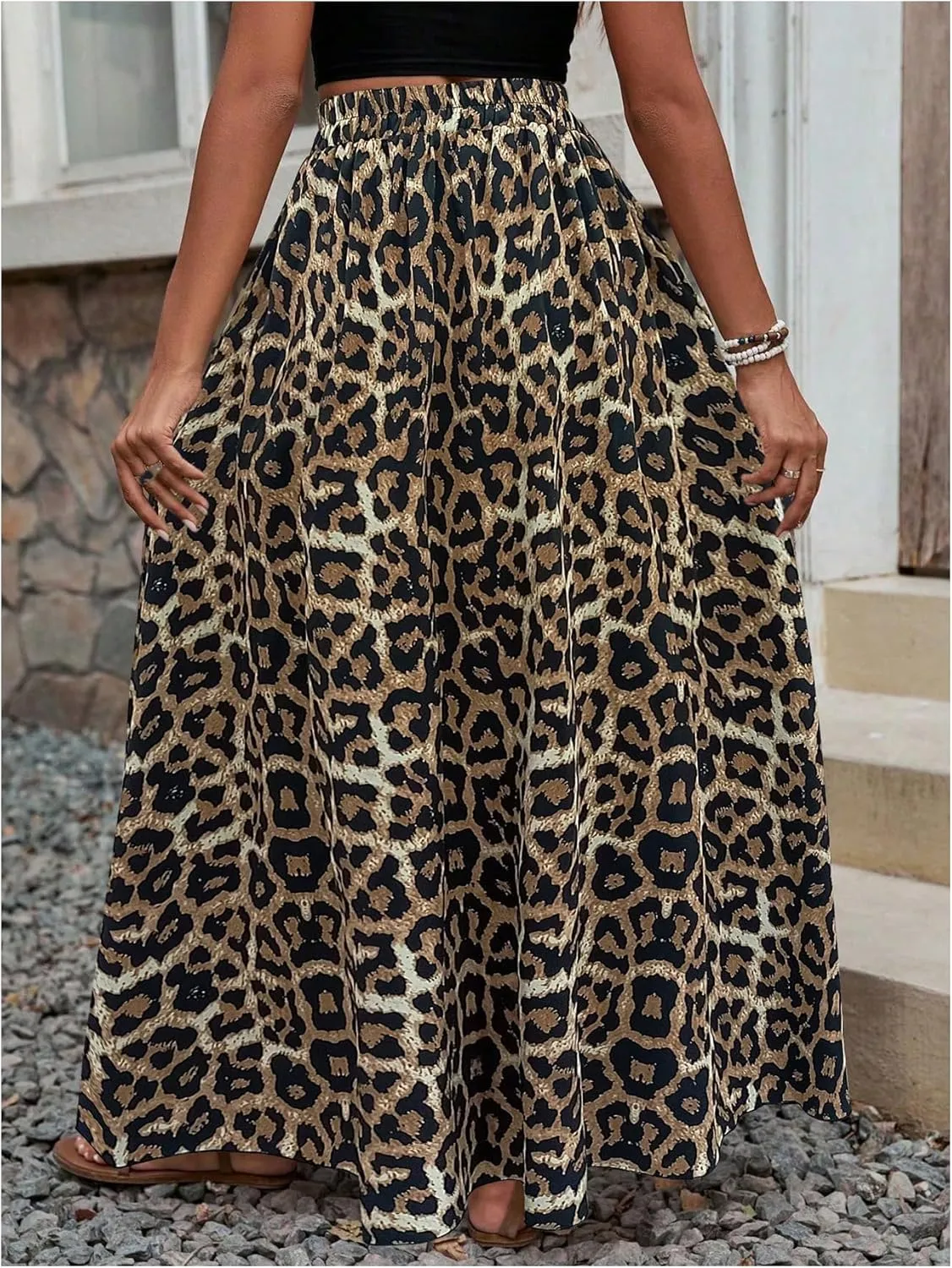 SweatyRocks Women's Boho Leopard Print Split Long Skirt High Waist A Line Skirts with Slit