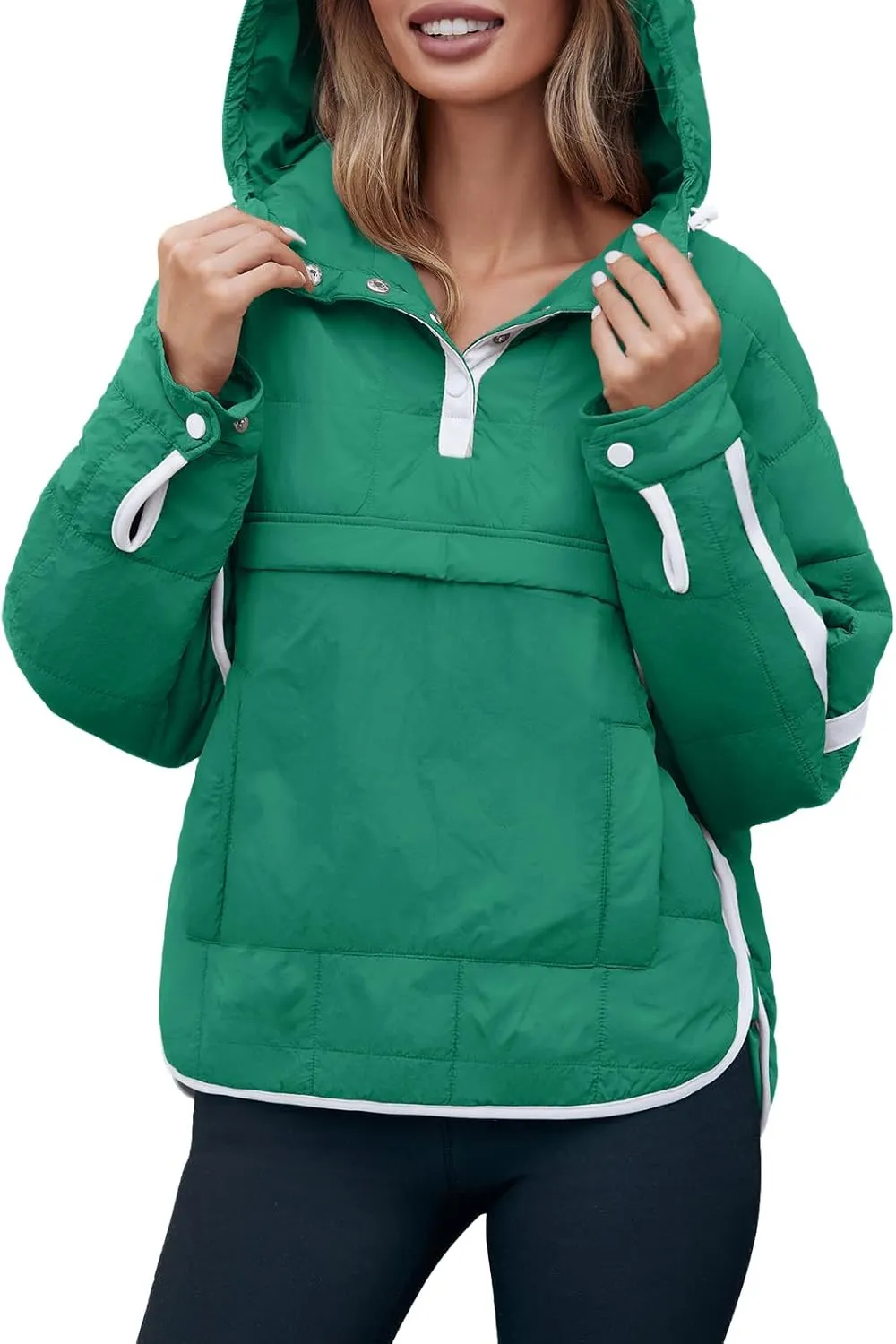 Tankaneo Womens Oversized Puffer Pullover Jacket Quilted Color Block Puffy Hooded Coat Fall Hoodies Outerwear with Pockets