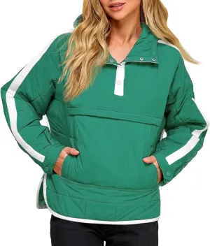 Tankaneo Womens Oversized Puffer Pullover Jacket Quilted Color Block Puffy Hooded Coat Fall Hoodies Outerwear with Pockets