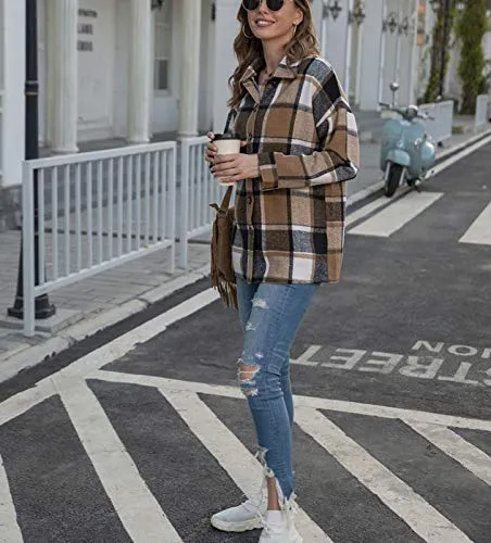 TWOWYHI Women's Casual Plaid Button Down Long Sleeve Shacket Jacket Coat Vintage Lapel Button Down Shirts (Khaki, Small)