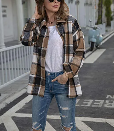 TWOWYHI Women's Casual Plaid Button Down Long Sleeve Shacket Jacket Coat Vintage Lapel Button Down Shirts (Khaki, Small)