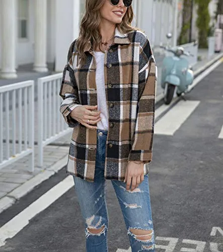 TWOWYHI Women's Casual Plaid Button Down Long Sleeve Shacket Jacket Coat Vintage Lapel Button Down Shirts (Khaki, Small)