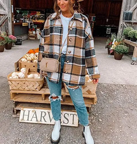 TWOWYHI Women's Casual Plaid Button Down Long Sleeve Shacket Jacket Coat Vintage Lapel Button Down Shirts (Khaki, Small)