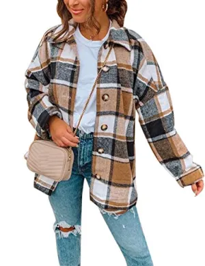 TWOWYHI Women's Casual Plaid Button Down Long Sleeve Shacket Jacket Coat Vintage Lapel Button Down Shirts (Khaki, Small)