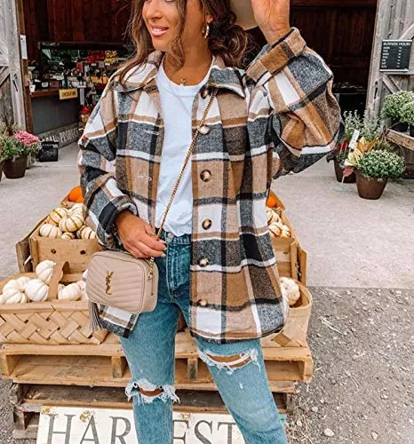 TWOWYHI Women's Casual Plaid Button Down Long Sleeve Shacket Jacket Coat Vintage Lapel Button Down Shirts (Khaki, Small)