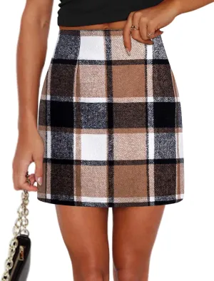 UANEO Plaid Skirts for Women High Waisted Fall Bodycon A Line Pencil Plaid Mini Skirt