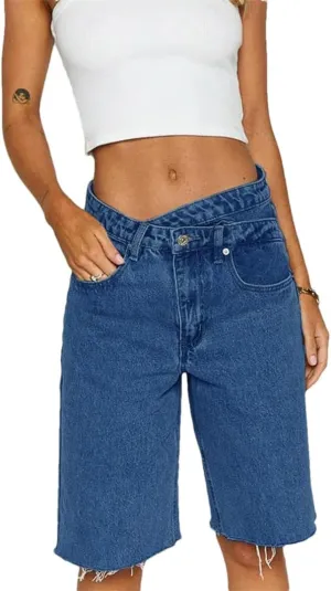 Women Baggy Retro High Waisted Raw Hem Carpenter Long Shorts Straight Leg Cropped Denim Pants