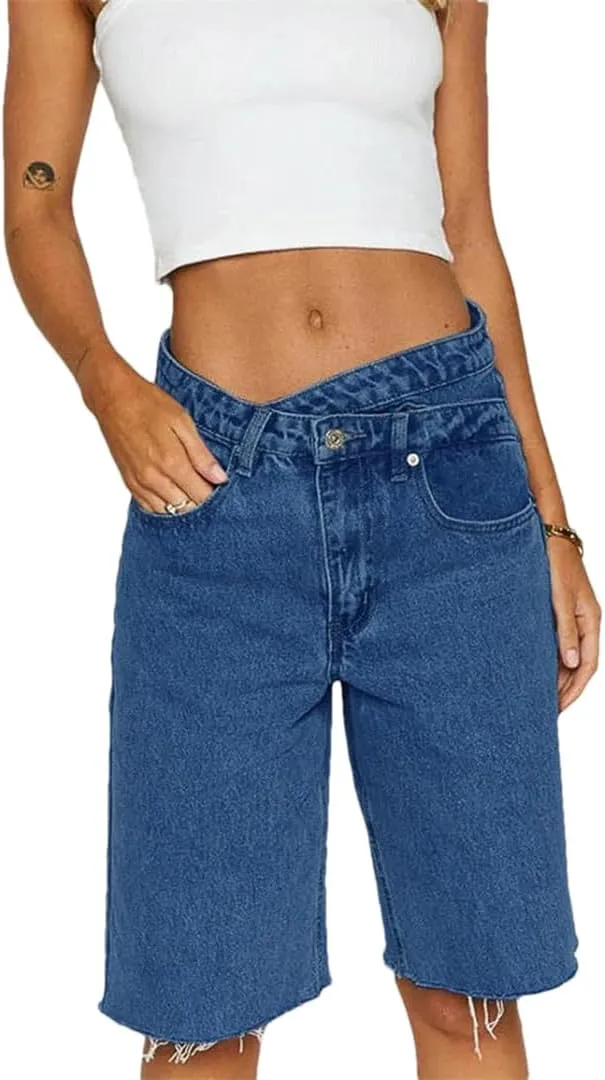 Women Baggy Retro High Waisted Raw Hem Carpenter Long Shorts Straight Leg Cropped Denim Pants