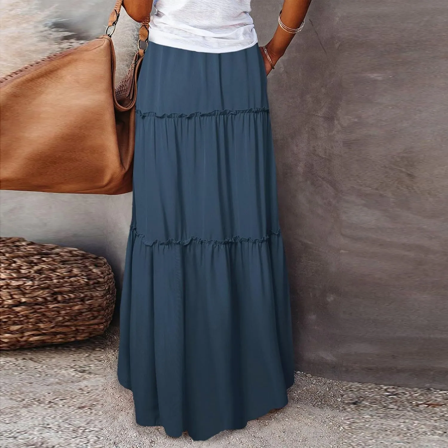 Women Boho Floral Maxi Skirt 2025 Summer High Waisted Tiered Long Skirts Flowy Ruffle Beach Vacation Midi Skirts