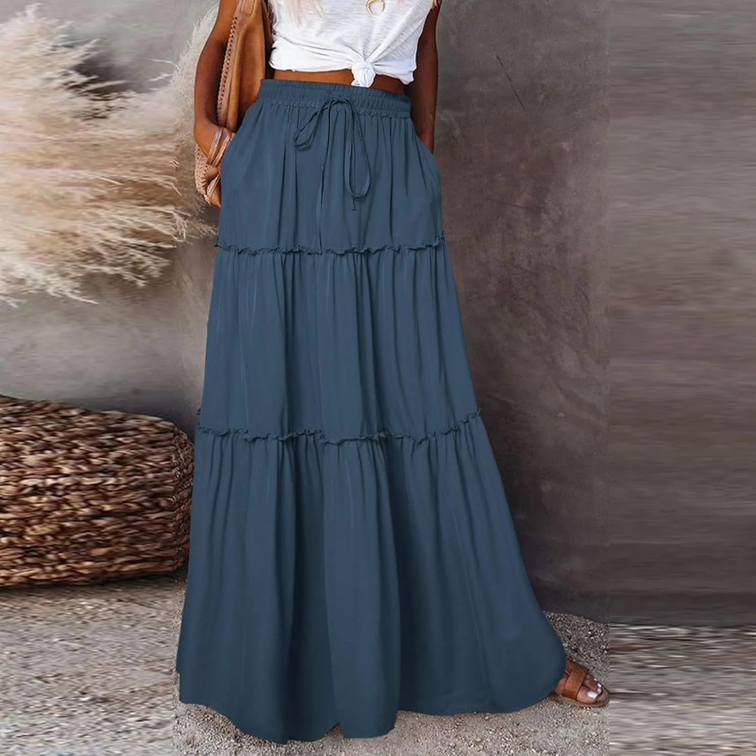 Women Boho Floral Maxi Skirt 2025 Summer High Waisted Tiered Long Skirts Flowy Ruffle Beach Vacation Midi Skirts