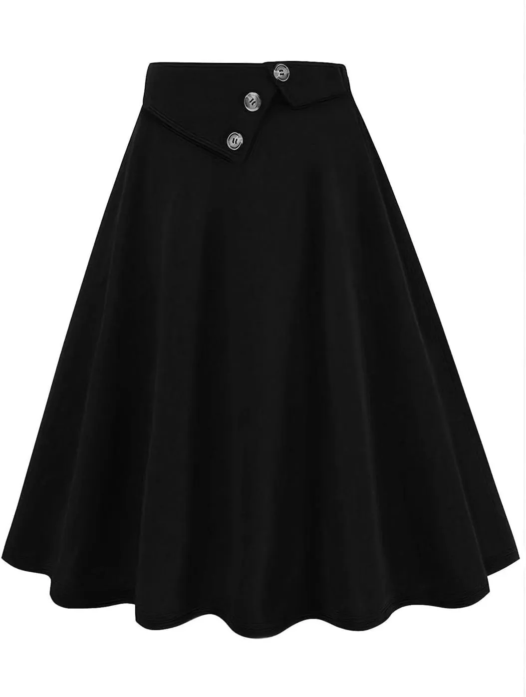 Women Buttons Front High Waist Skirts A-Line Elastic Waist Black Skirt Vintage Midi Swing Skirt