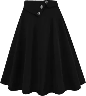 Women Buttons Front High Waist Skirts A-Line Elastic Waist Black Skirt Vintage Midi Swing Skirt
