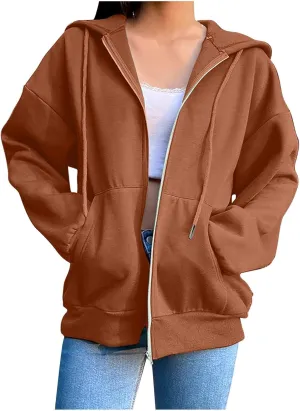 Women Hooded Full Zip Drawstring Sweatshirts Long Sleeve Oversized Casual Lightweight Jacket Winter Fashion Outfits
