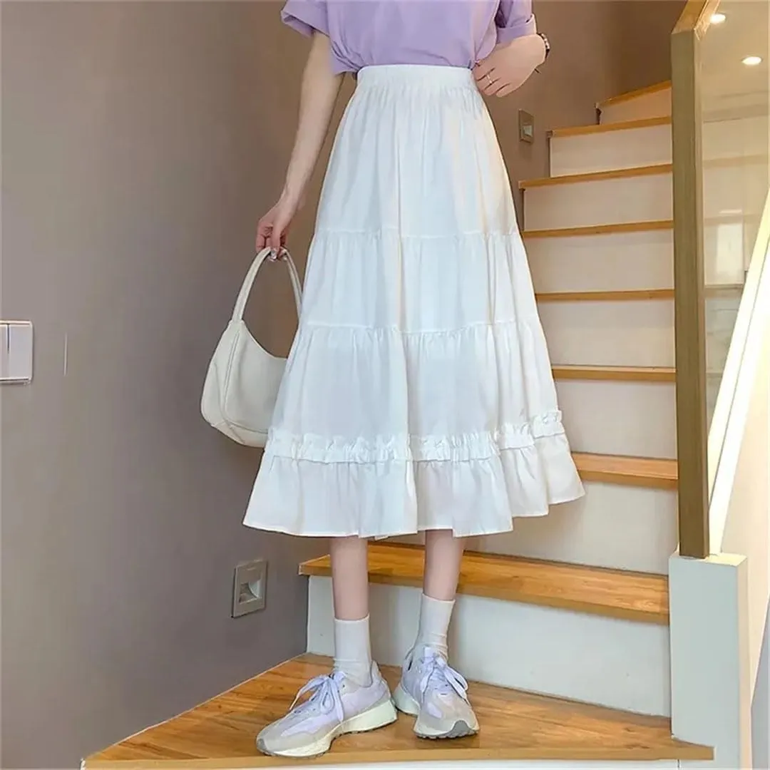 Women Long Pleated Skirt Ruffles Vintage High Waist Midi Skirt Korean Patchwork Streetwear