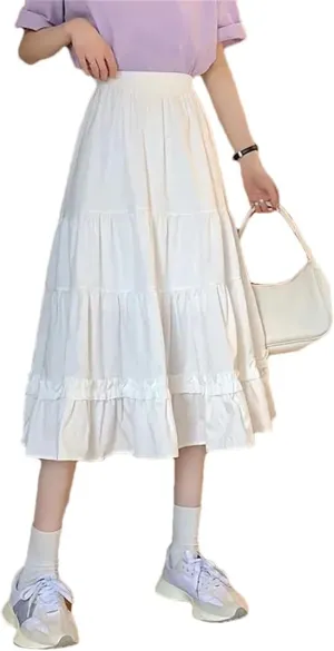 Women Long Pleated Skirt Ruffles Vintage High Waist Midi Skirt Korean Patchwork Streetwear