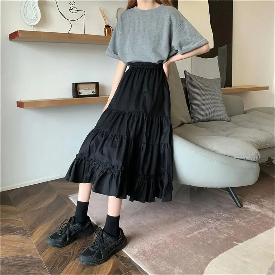 Women Long Pleated Skirt Ruffles Vintage High Waist Midi Skirt Korean Patchwork Streetwear