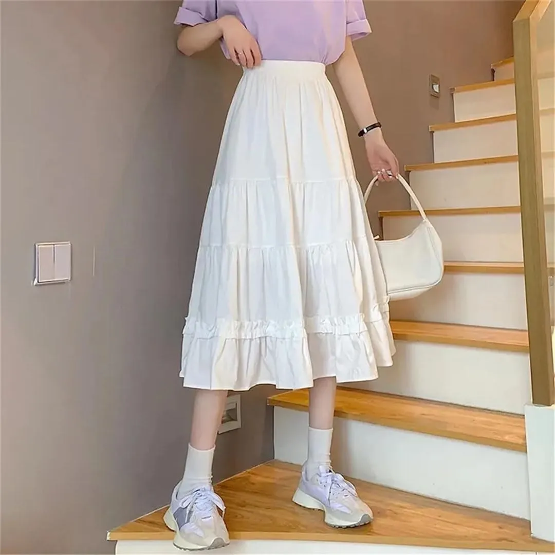 Women Long Pleated Skirt Ruffles Vintage High Waist Midi Skirt Korean Patchwork Streetwear
